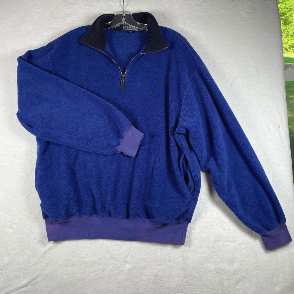Polo Ralph Lauren Vintage Fleece Quarter Zip Pullover Blue Mens Medium Pockets